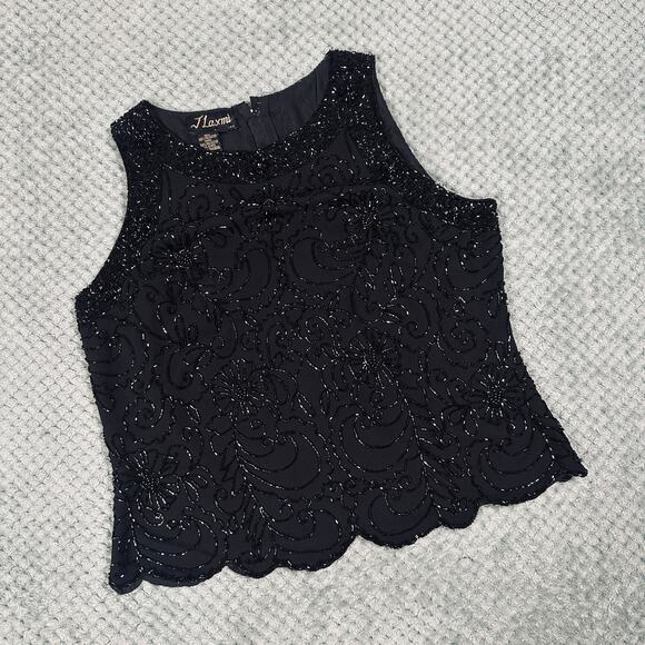 VINTAGE RETRO BLACK HEAVILY BEADED HIGH NECK SCALLOPED TANK TOP WMNS L - Picture 1 of 5